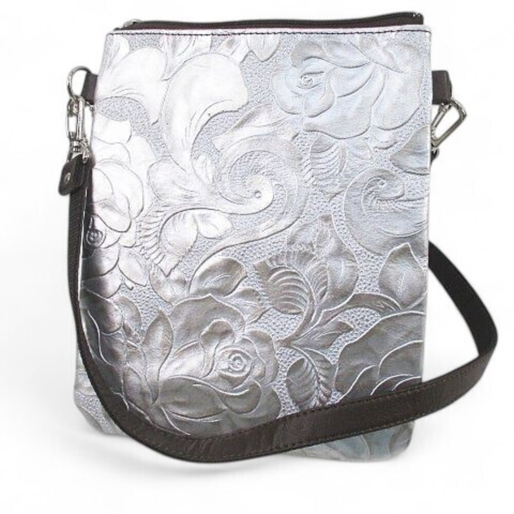 Shoulder bag pochette crossbody embossed Floral Flower silver leather
